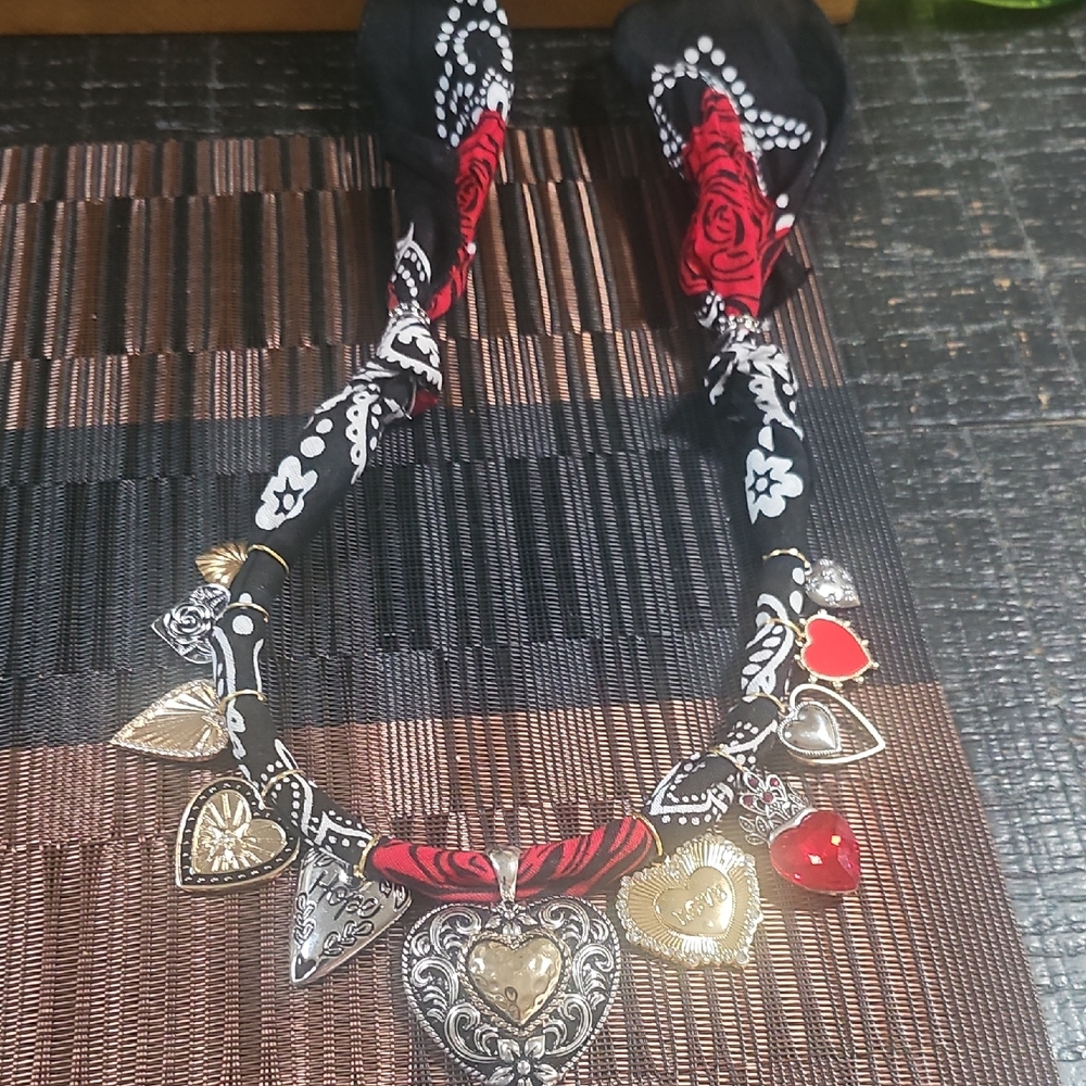 Heart Charm Bandana Necklace with Red and Silver Accents
